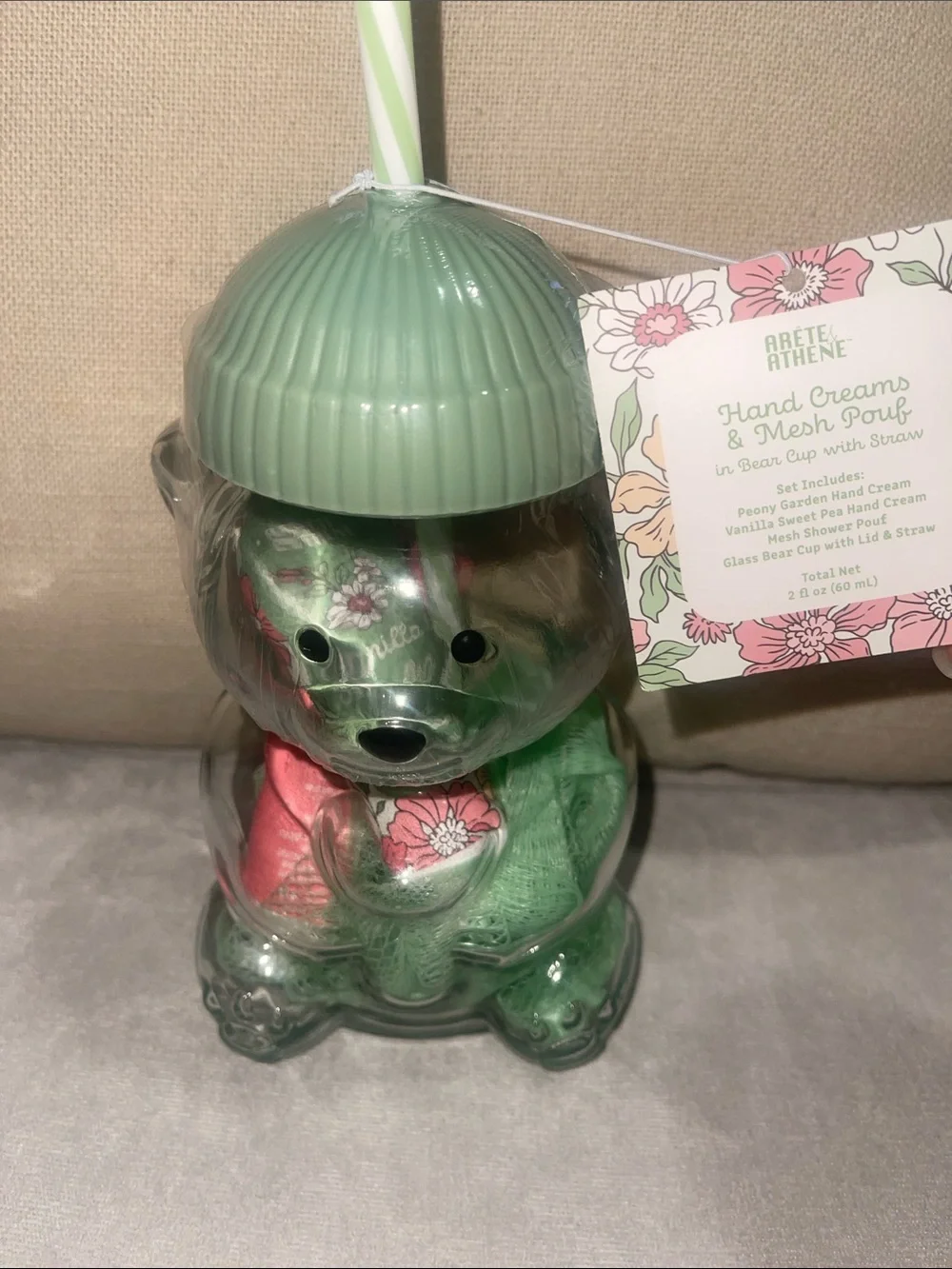 ❤️NEW!!!❤️ RARE AND CUTE! Bear Cup w/straw, mesh pouf, 2 Hand  Cream. $23 each.